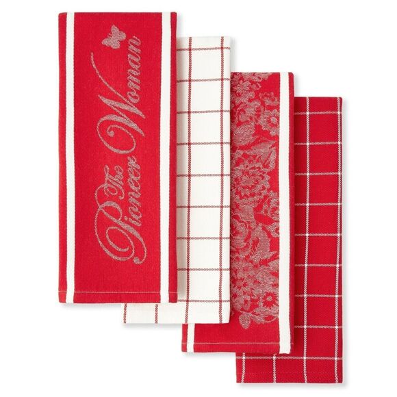 Pioneer Woman Butterfly Kitchen Towels Country Farmhouse Red White 4-Pc Gift NEW - Picture 1 of 5